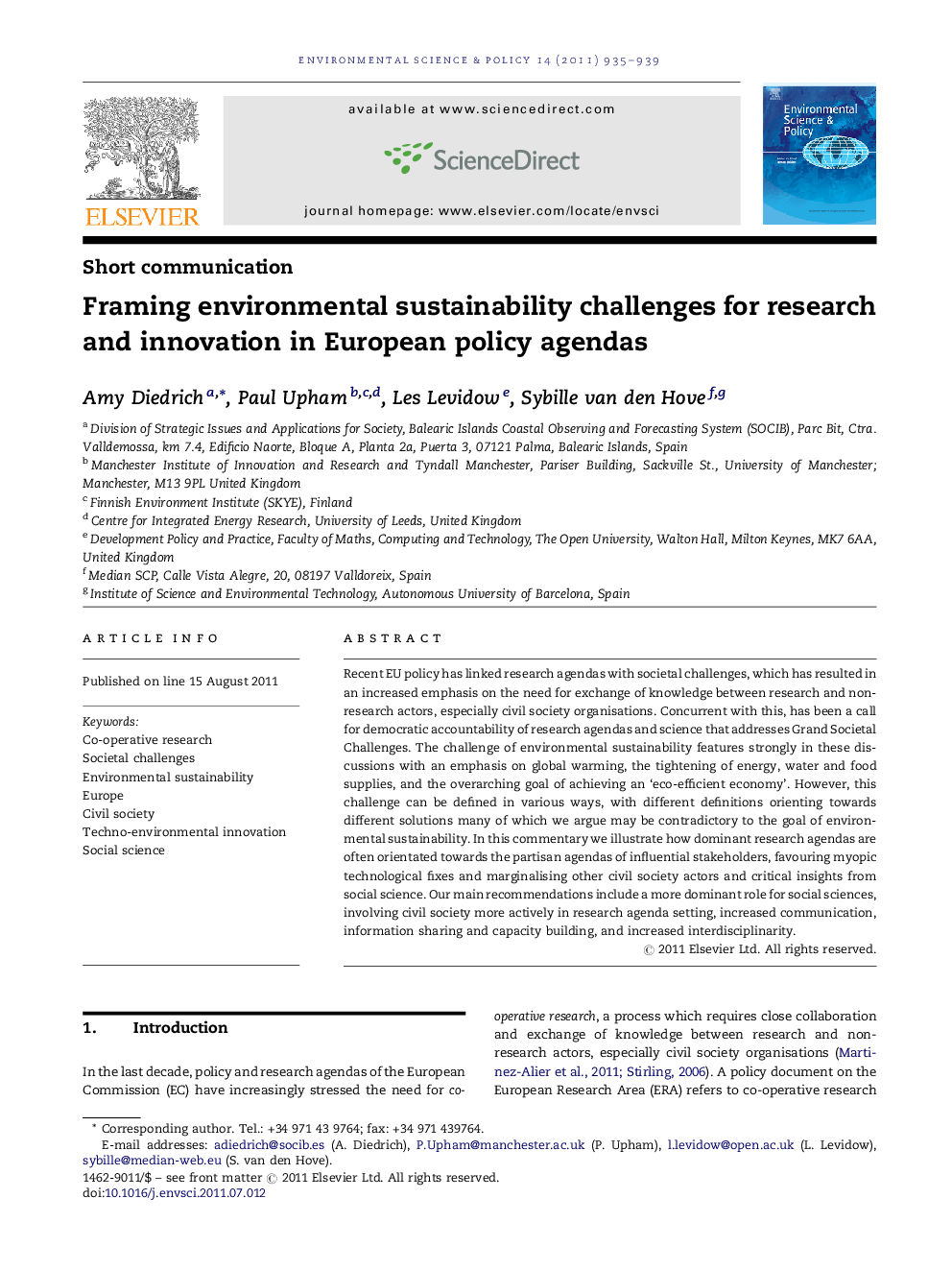 Framing environmental sustainability challenges for research and innovation in European policy agendas