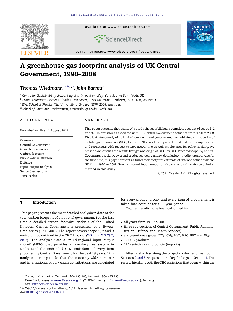 A greenhouse gas footprint analysis of UK Central Government, 1990-2008