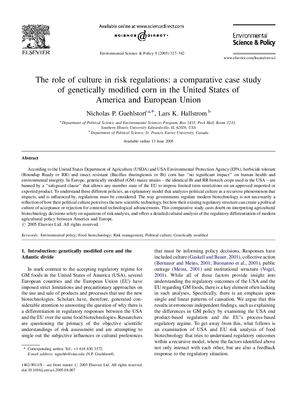 The role of culture in risk regulations: a comparative case study of genetically modified corn in the United States of America and European Union