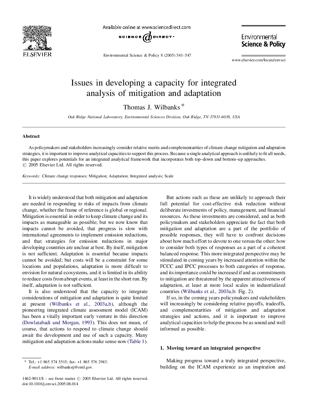 Issues in developing a capacity for integrated analysis of mitigation and adaptation