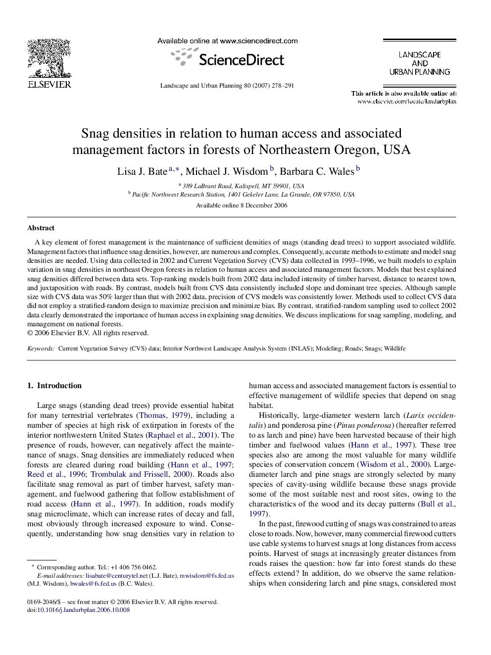 Snag densities in relation to human access and associated management factors in forests of Northeastern Oregon, USA