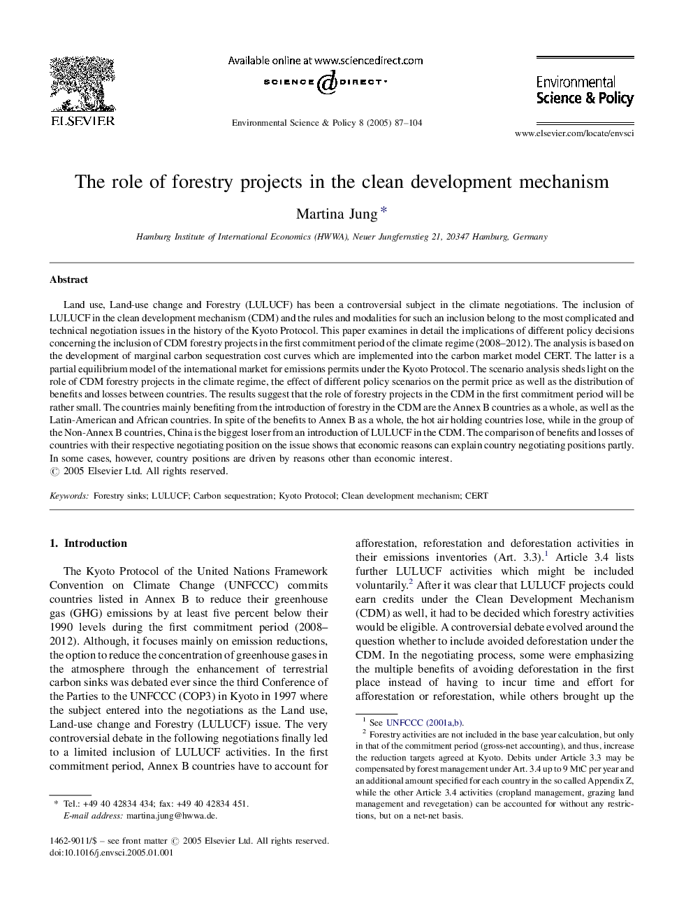 The role of forestry projects in the clean development mechanism