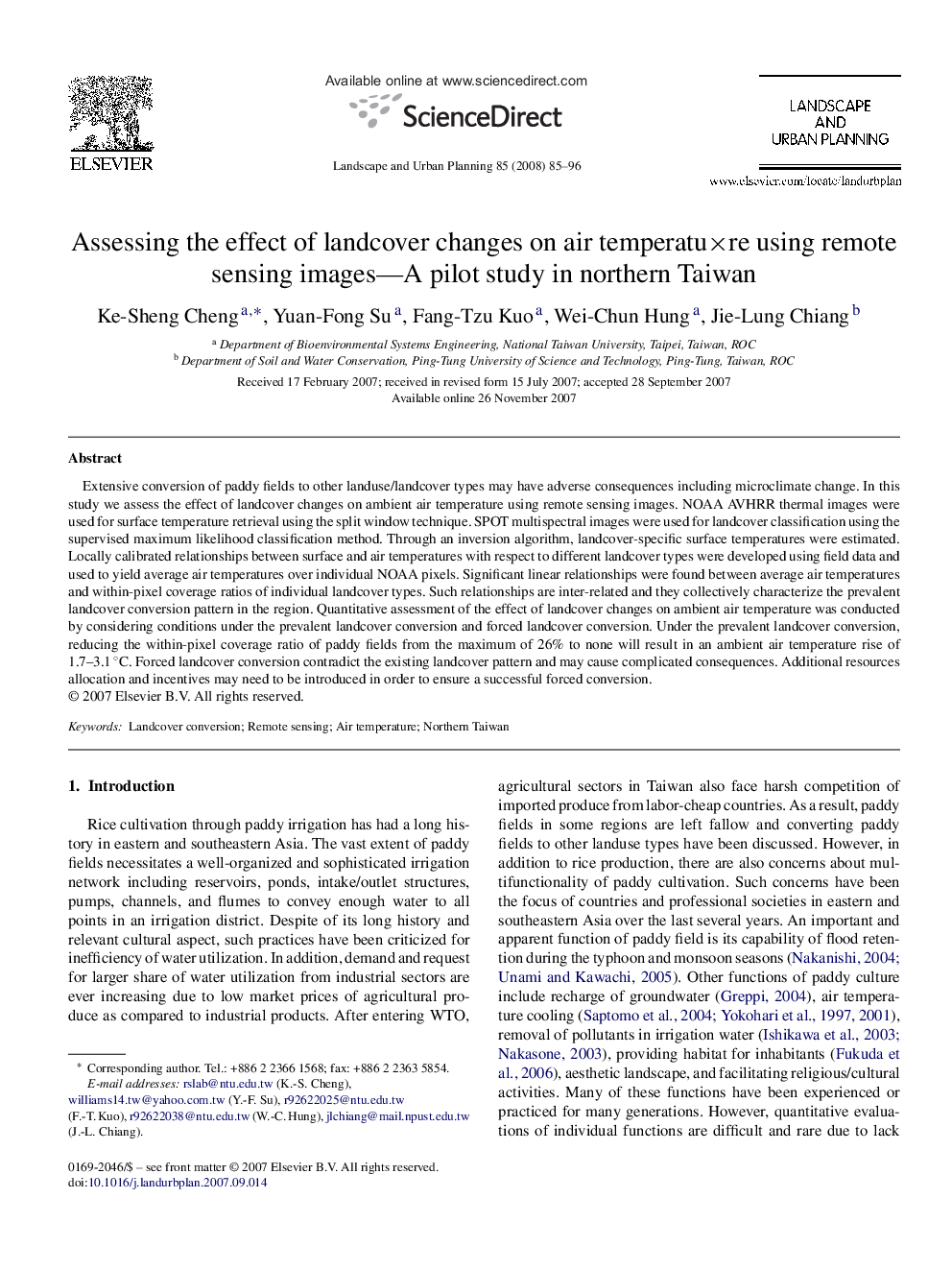 Assessing the effect of landcover changes on air temperatu×re using remote sensing images—A pilot study in northern Taiwan