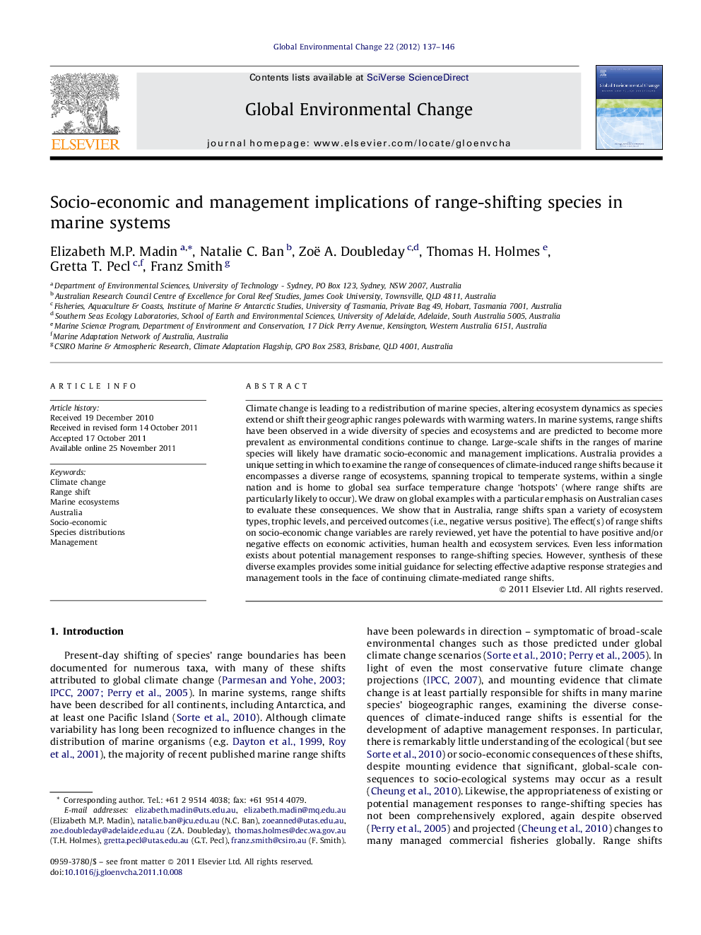 Socio-economic and management implications of range-shifting species in marine systems