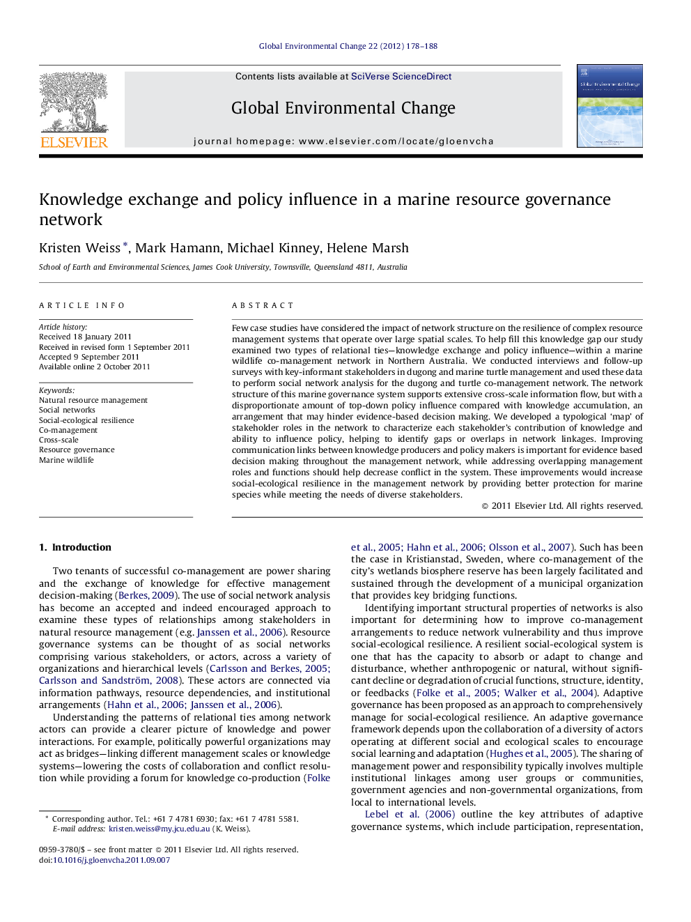 Knowledge exchange and policy influence in a marine resource governance network