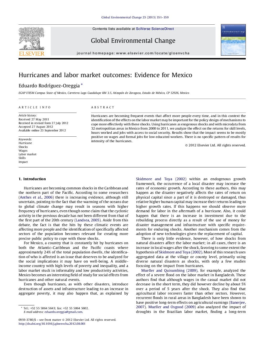 Hurricanes and labor market outcomes: Evidence for Mexico