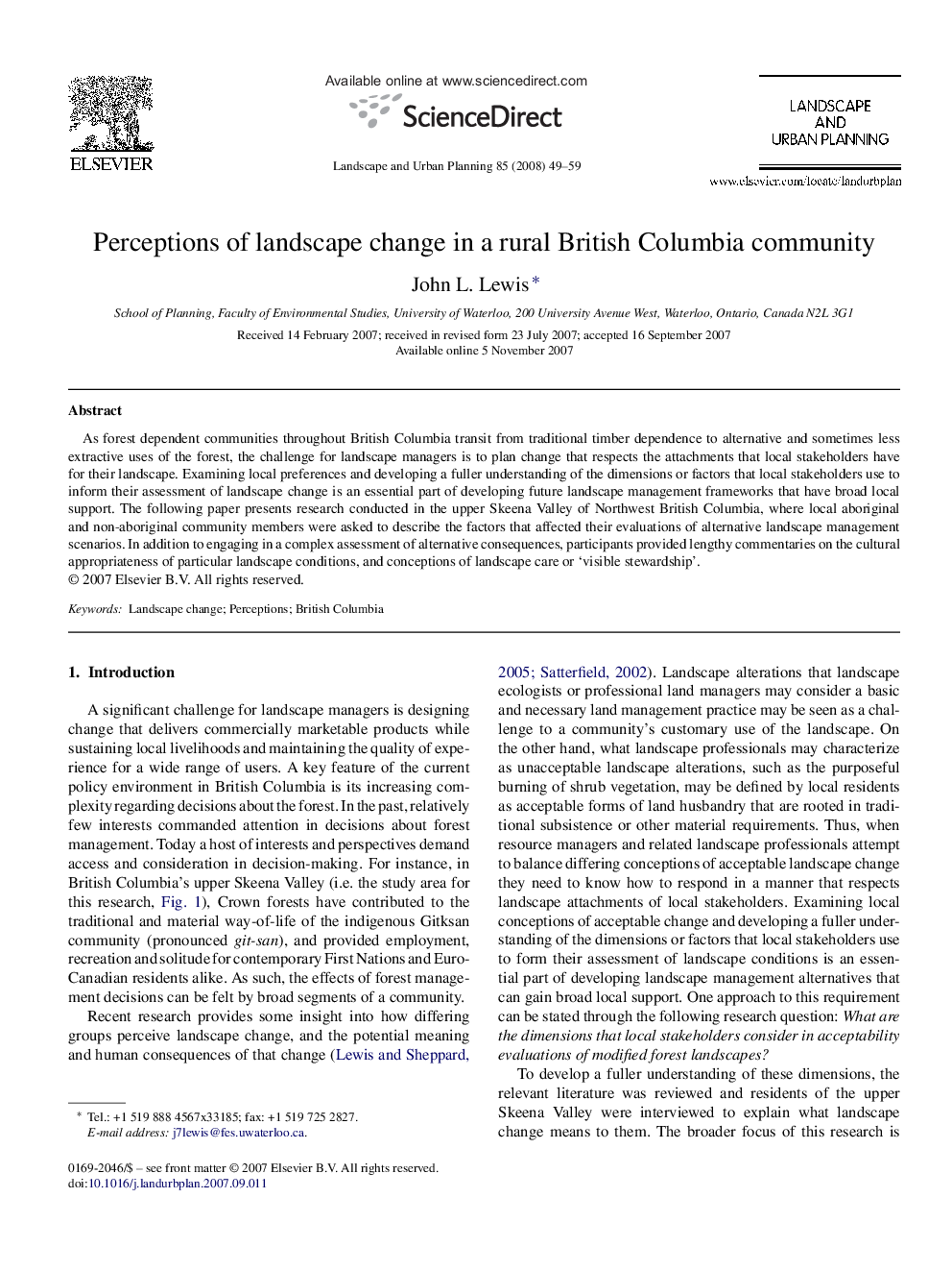 Perceptions of landscape change in a rural British Columbia community