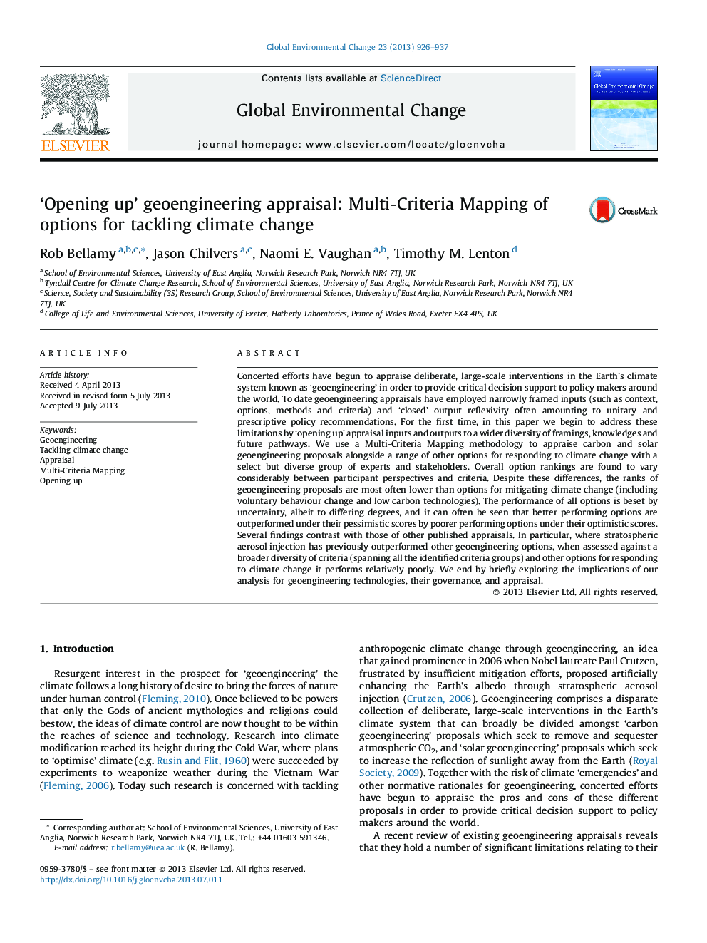 'Opening up' geoengineering appraisal: Multi-Criteria Mapping of options for tackling climate change