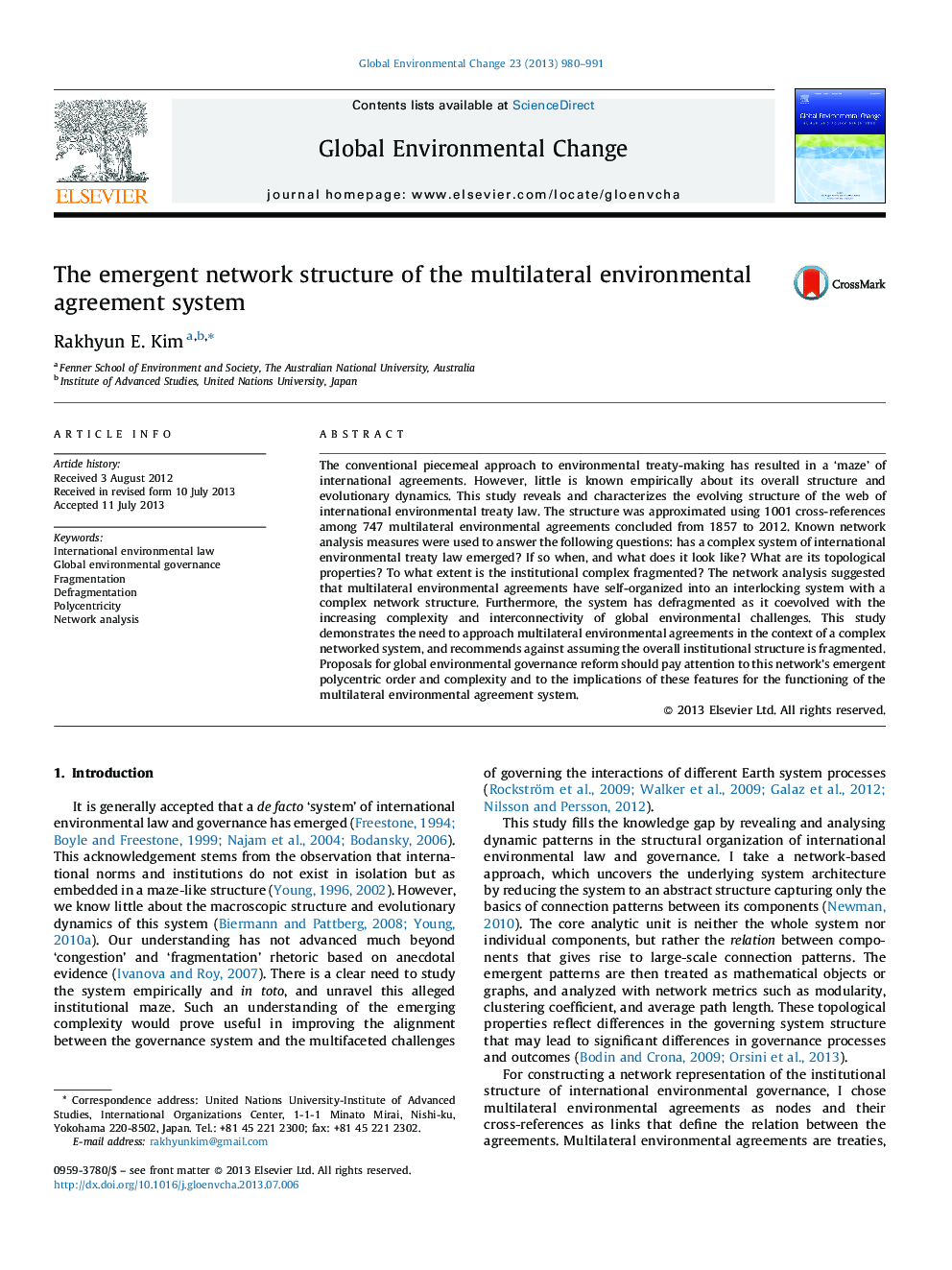 The emergent network structure of the multilateral environmental agreement system