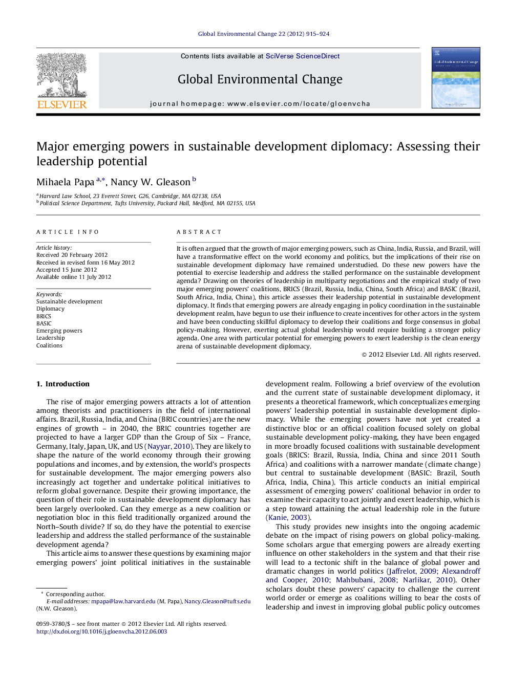 Major emerging powers in sustainable development diplomacy: Assessing their leadership potential