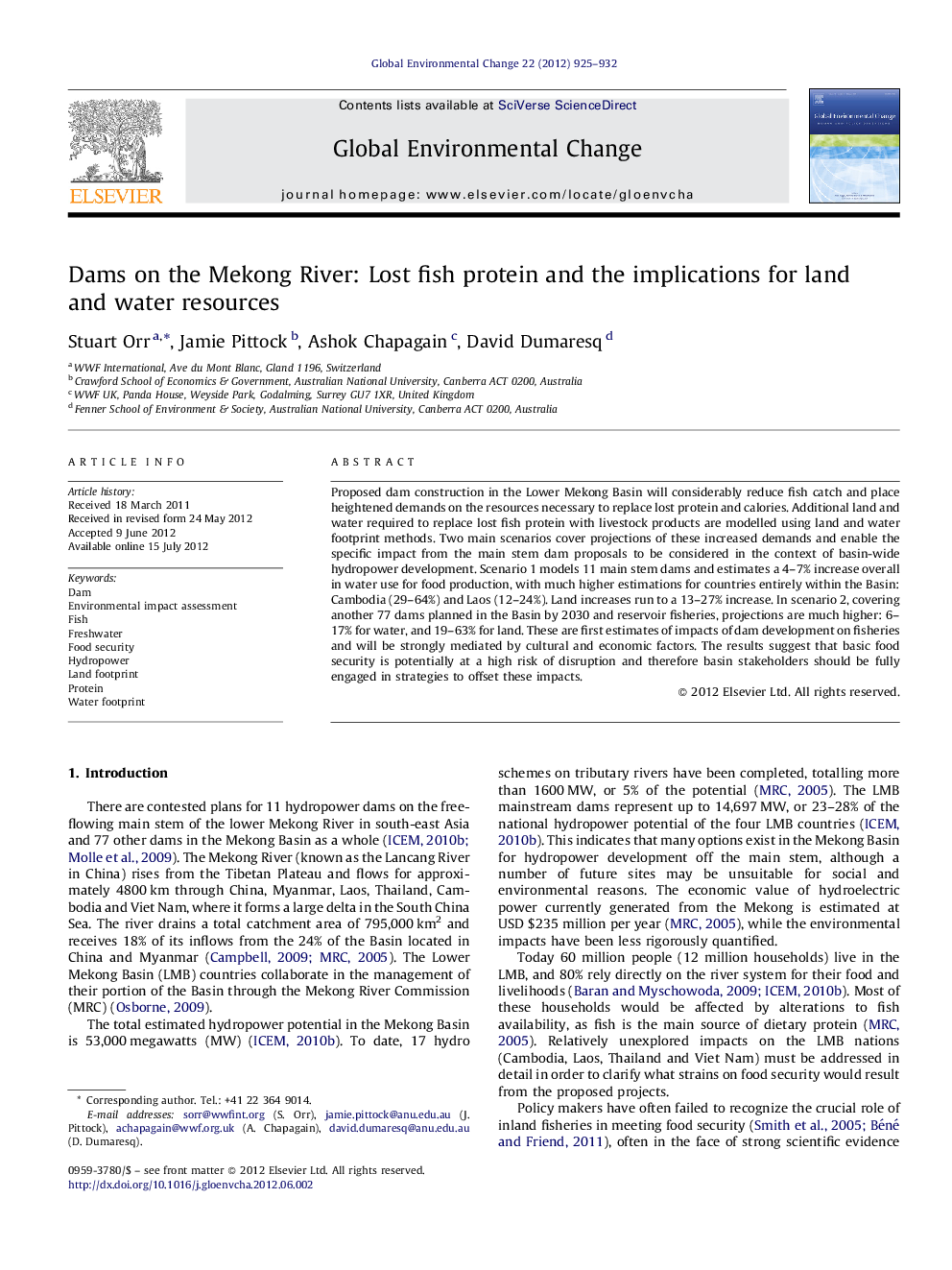 Dams on the Mekong River: Lost fish protein and the implications for land and water resources