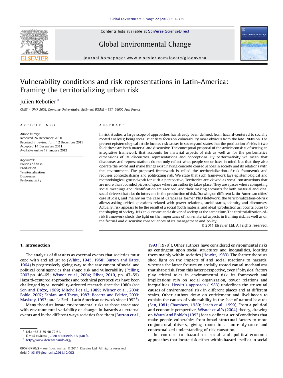 Vulnerability conditions and risk representations in Latin-America: Framing the territorializing urban risk