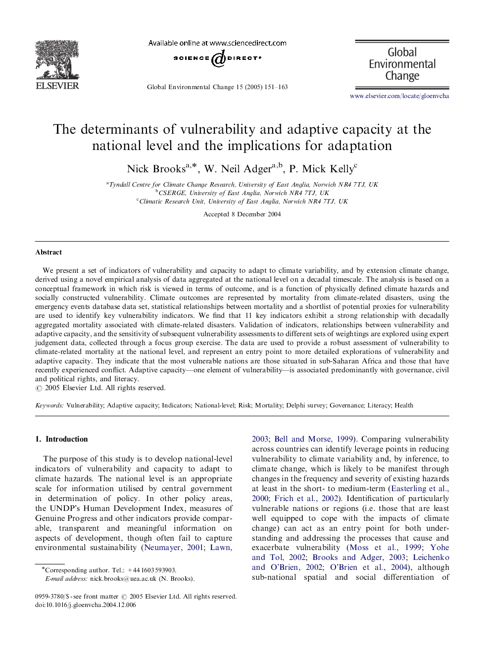 The determinants of vulnerability and adaptive capacity at the national level and the implications for adaptation