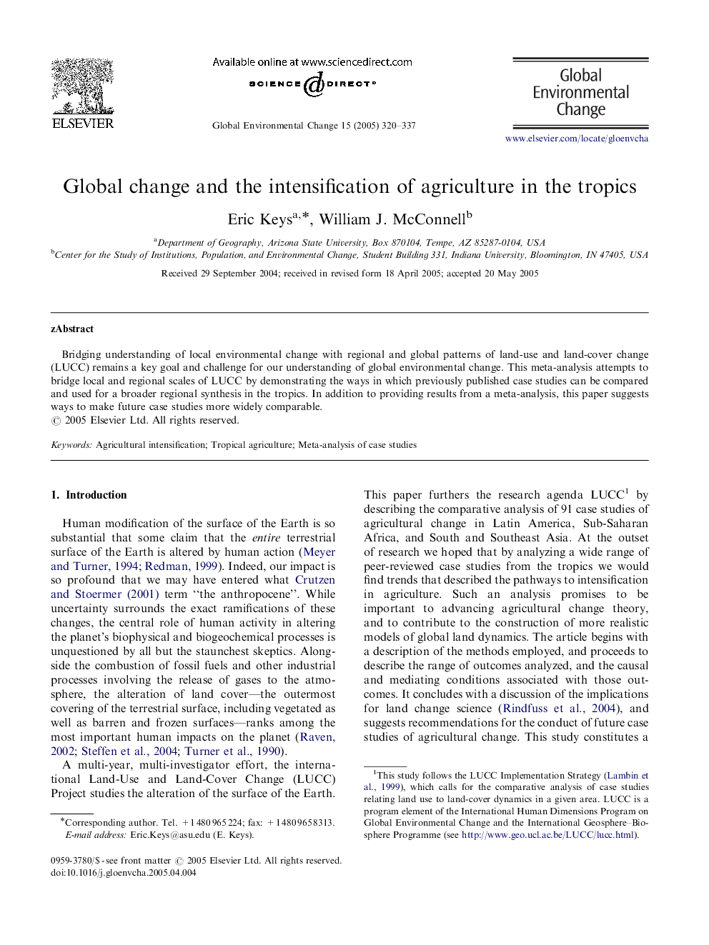 Global change and the intensification of agriculture in the tropics