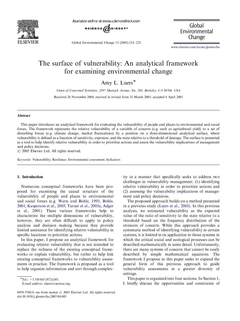 The surface of vulnerability: An analytical framework for examining environmental change