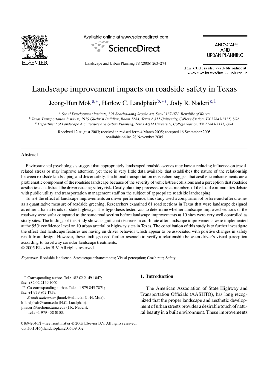 Landscape improvement impacts on roadside safety in Texas