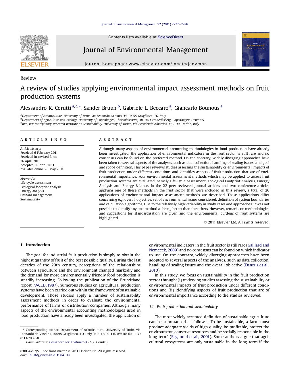 A review of studies applying environmental impact assessment methods on fruit production systems