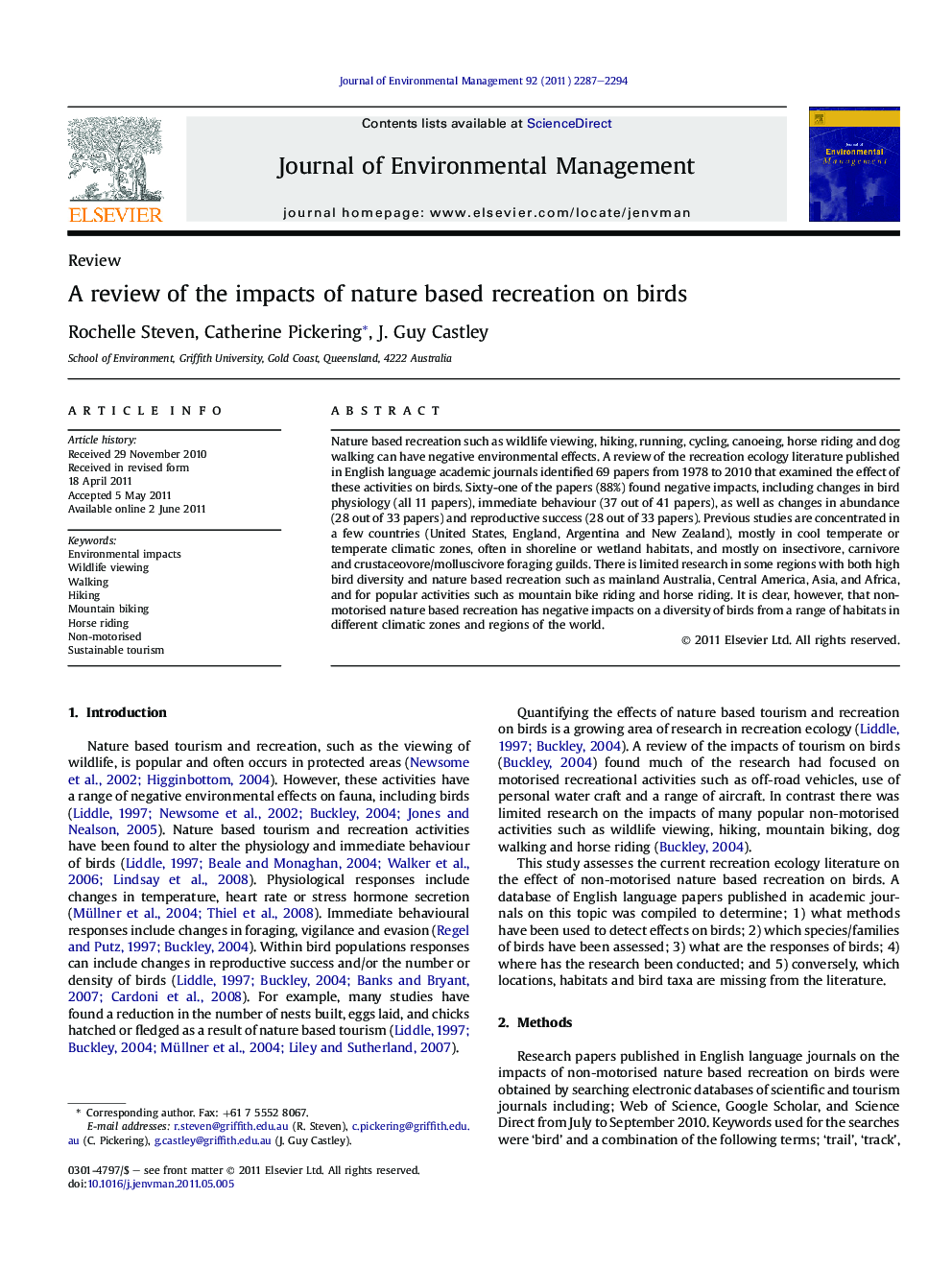 A review of the impacts of nature based recreation on birds