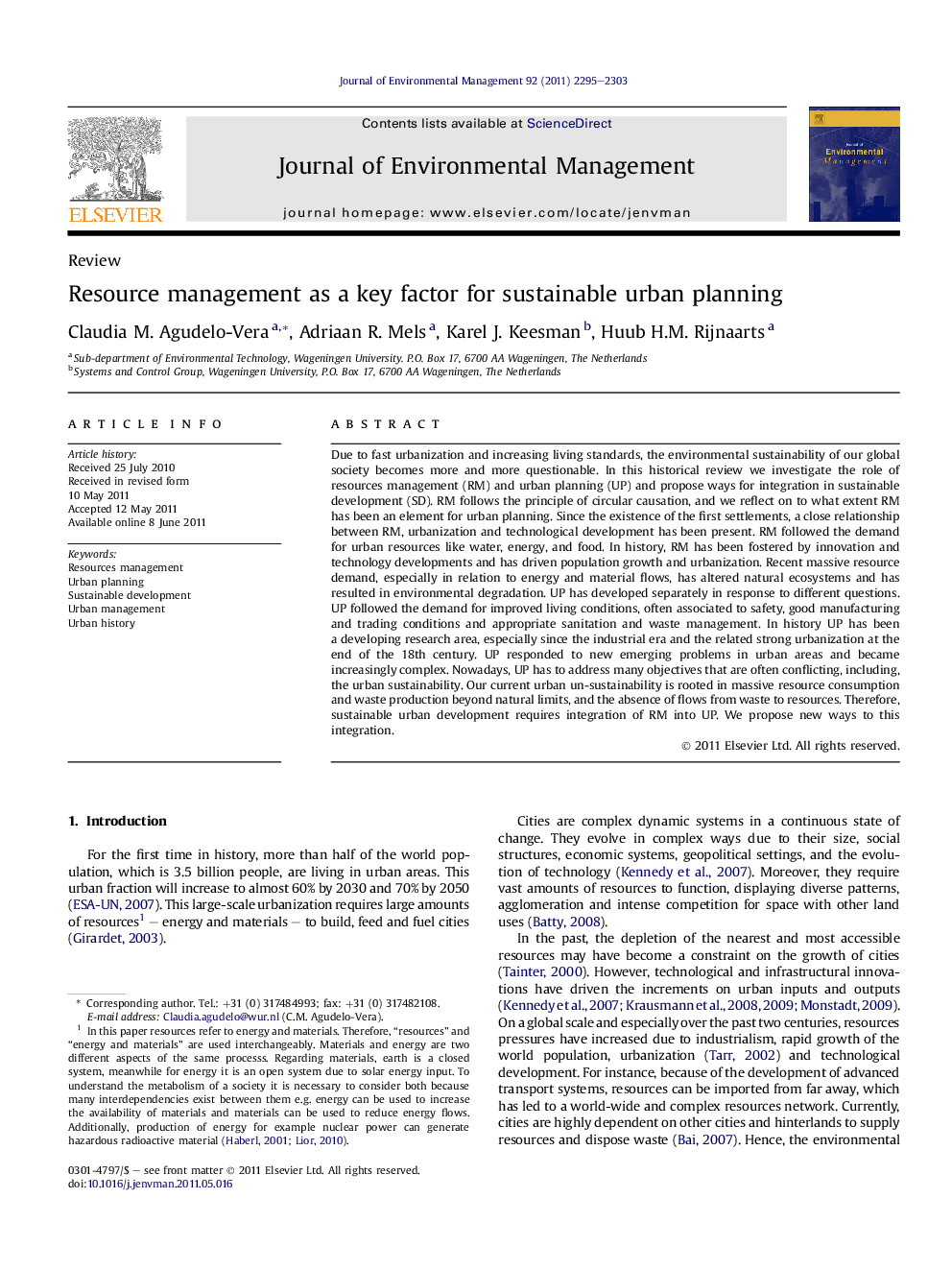 Resource management as a key factor for sustainable urban planning