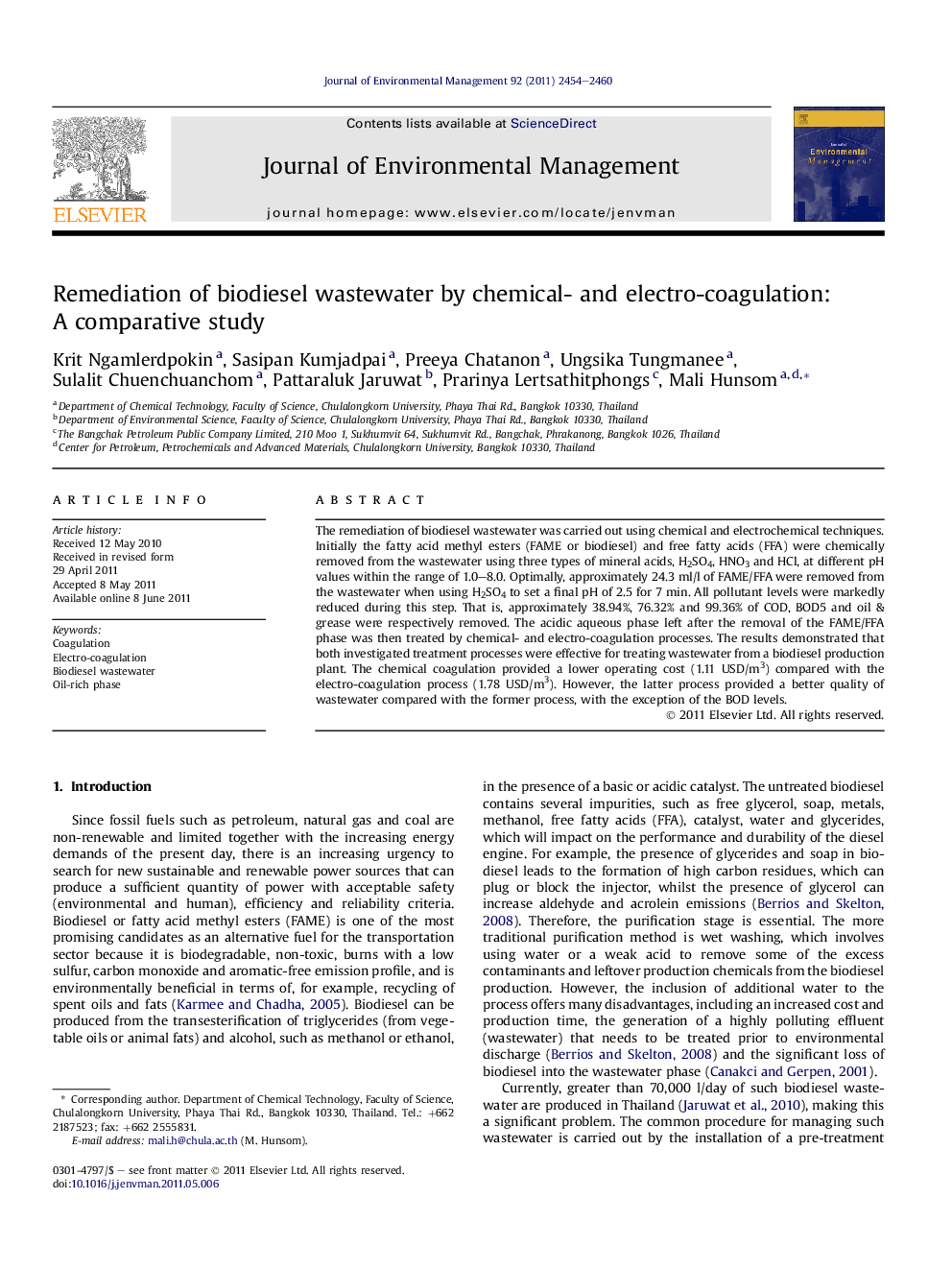 Remediation of biodiesel wastewater by chemical- and electro-coagulation: AÂ comparative study