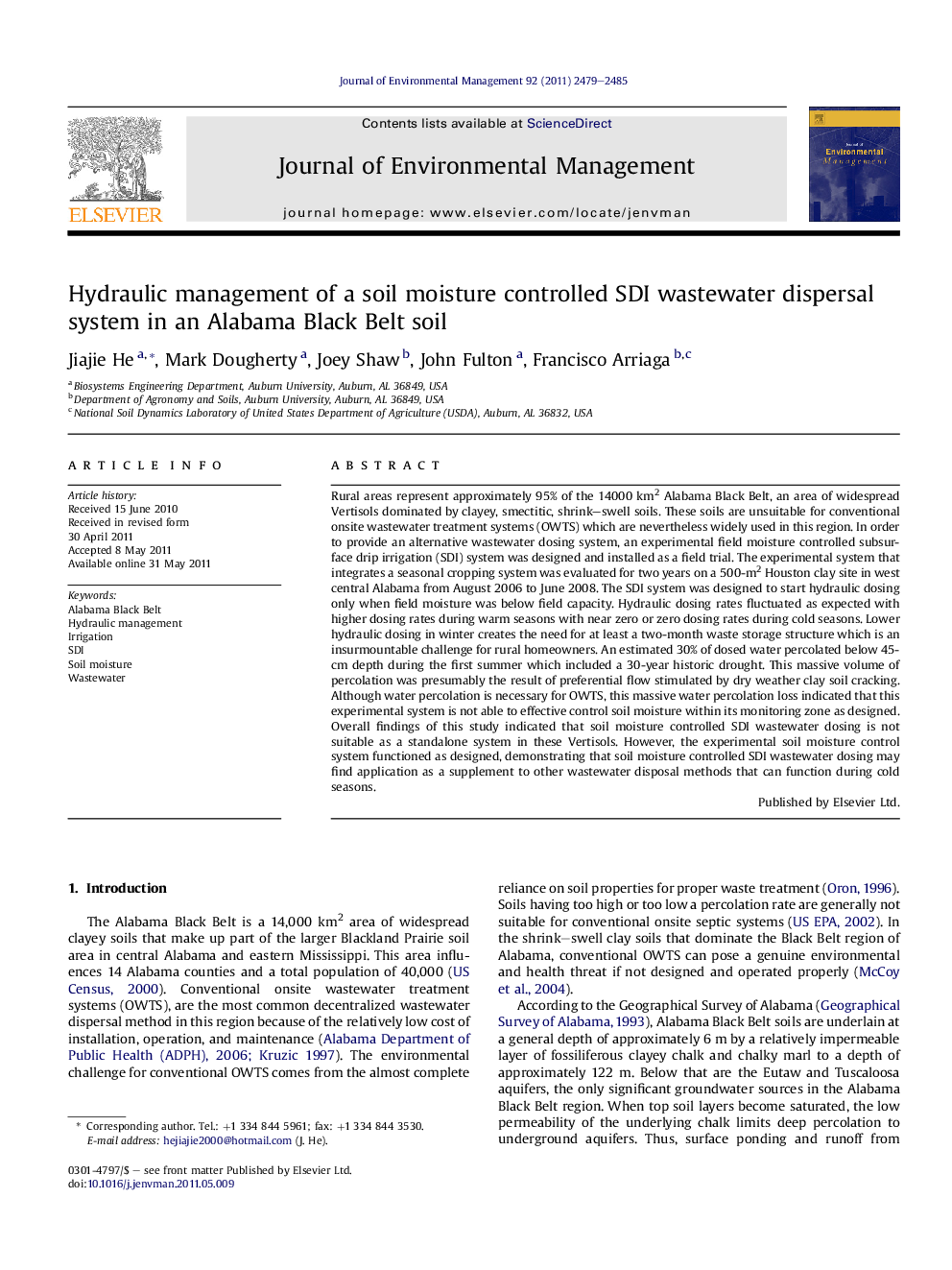 Hydraulic management of a soil moisture controlled SDI wastewater dispersal system in an Alabama Black Belt soil