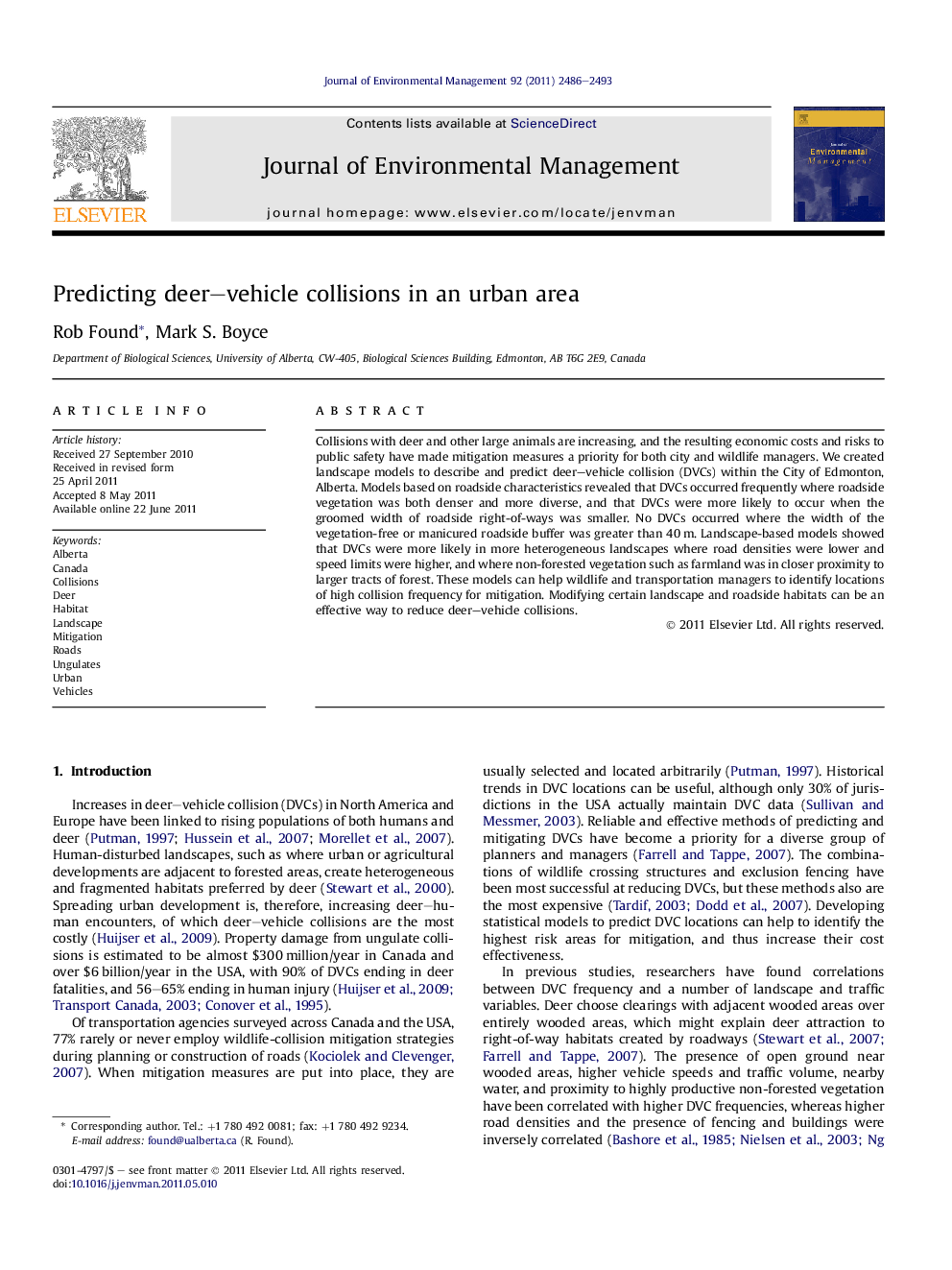 Predicting deer-vehicle collisions in an urban area