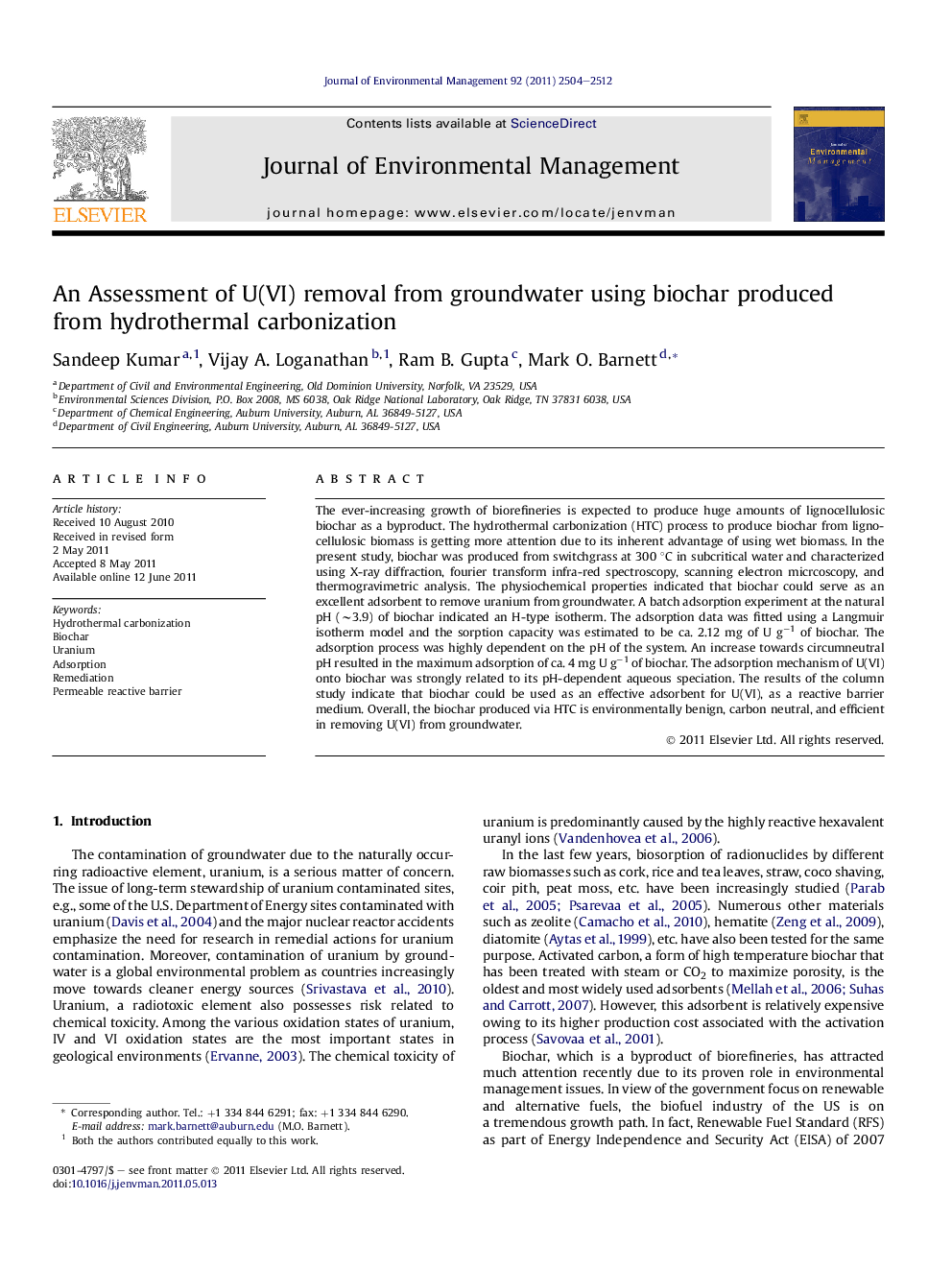 An Assessment of U(VI) removal from groundwater using biochar produced from hydrothermal carbonization