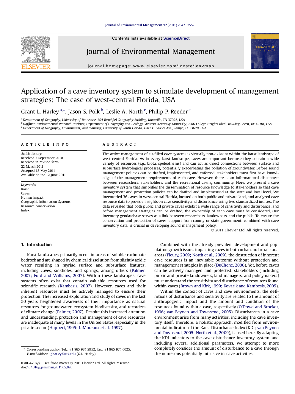 Application of a cave inventory system to stimulate development of management strategies: The case of west-central Florida, USA