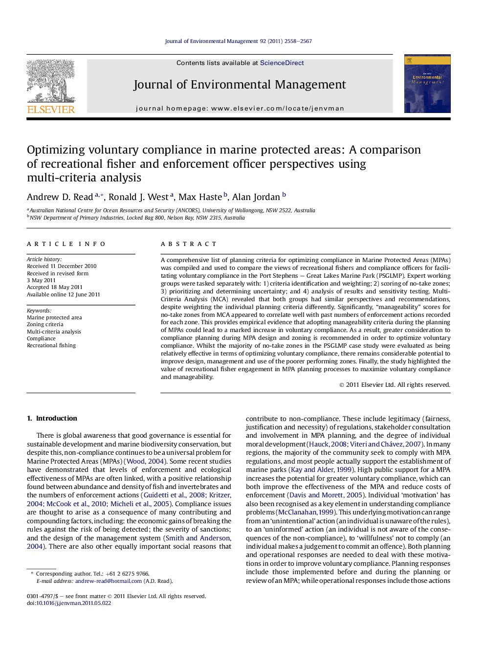 Optimizing voluntary compliance in marine protected areas: A comparison of recreational fisher and enforcement officer perspectives using multi-criteria analysis