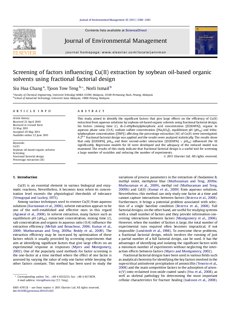 Screening of factors influencing Cu(II) extraction by soybean oil-based organic solvents using fractional factorial design