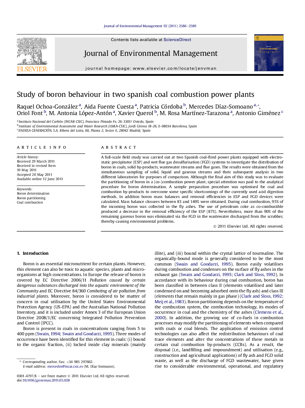 Study of boron behaviour in two spanish coal combustion power plants