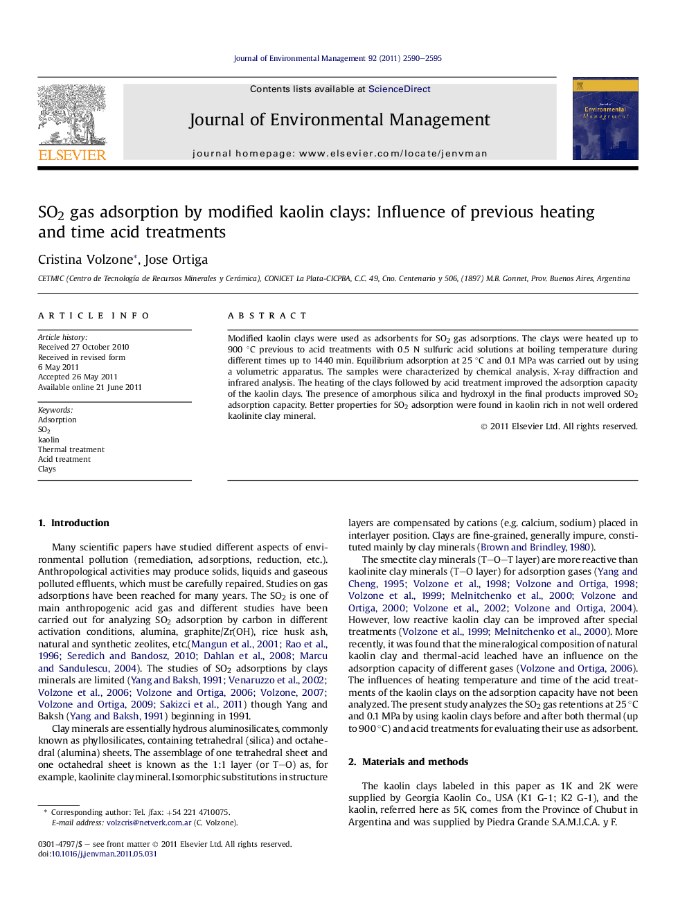 SO2 gas adsorption by modified kaolin clays: Influence of previous heating and time acid treatments