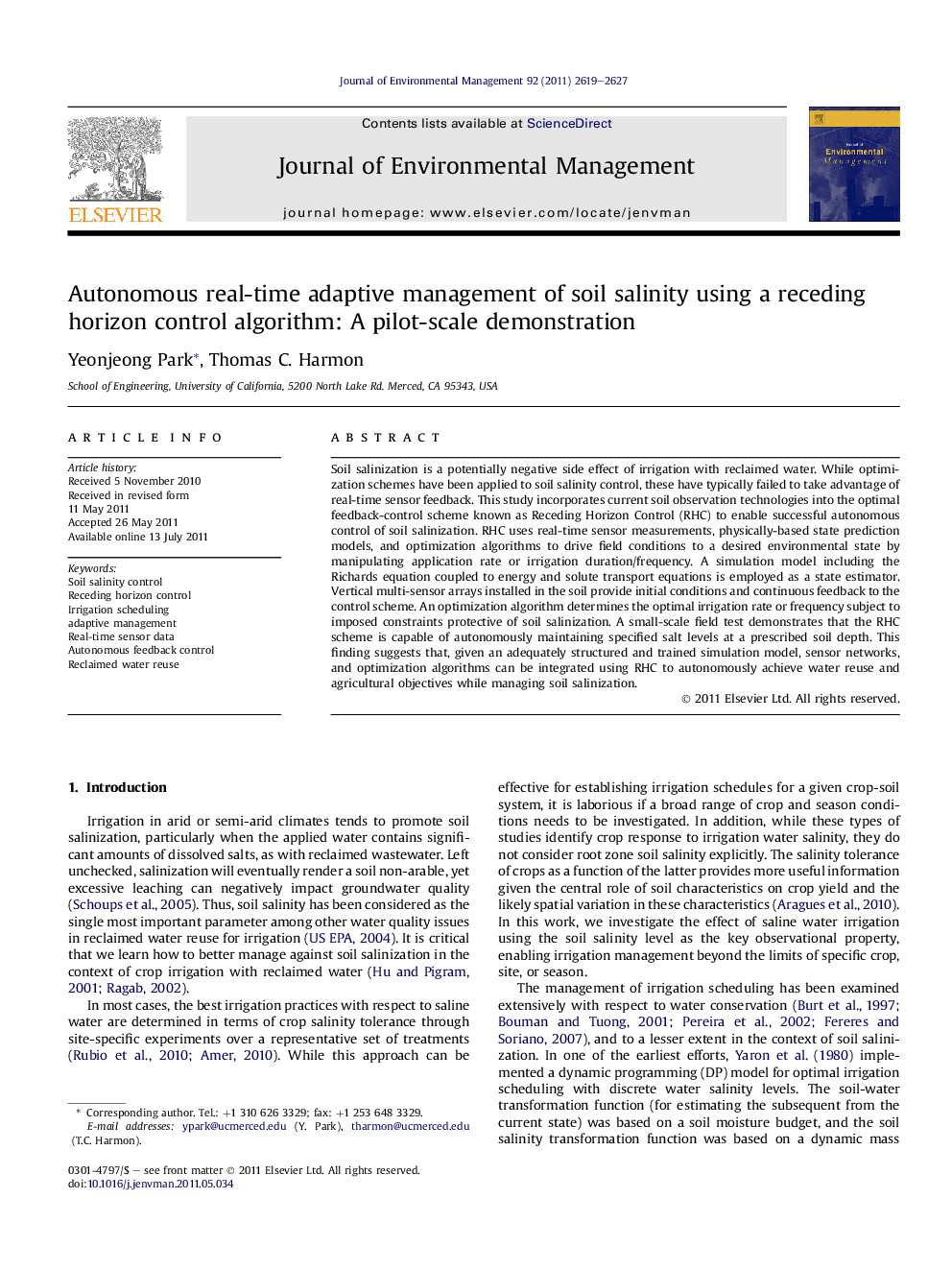 Autonomous real-time adaptive management of soil salinity using a receding horizon control algorithm: A pilot-scale demonstration