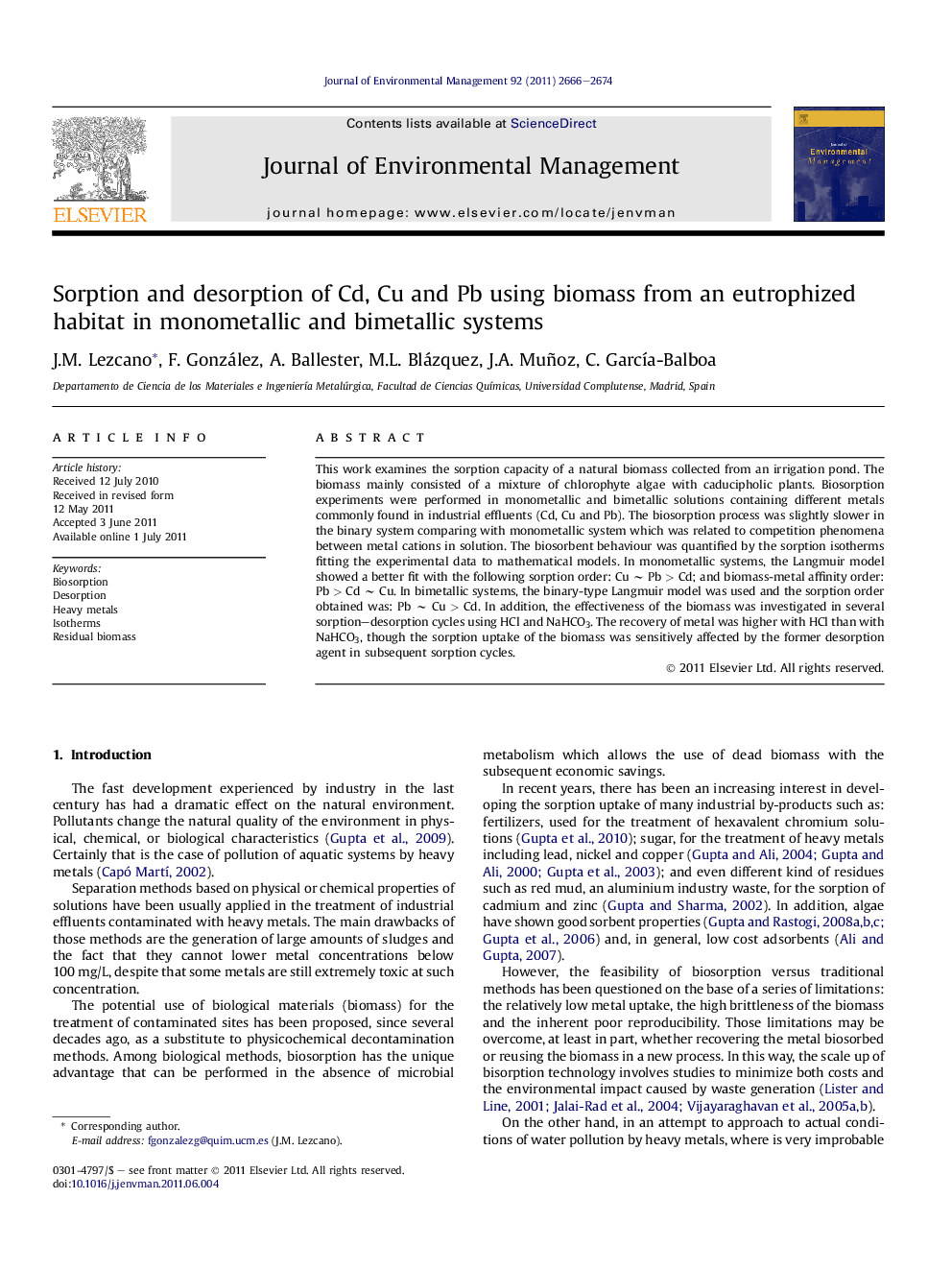 Sorption and desorption of Cd, Cu and Pb using biomass from an eutrophized habitat in monometallic and bimetallic systems