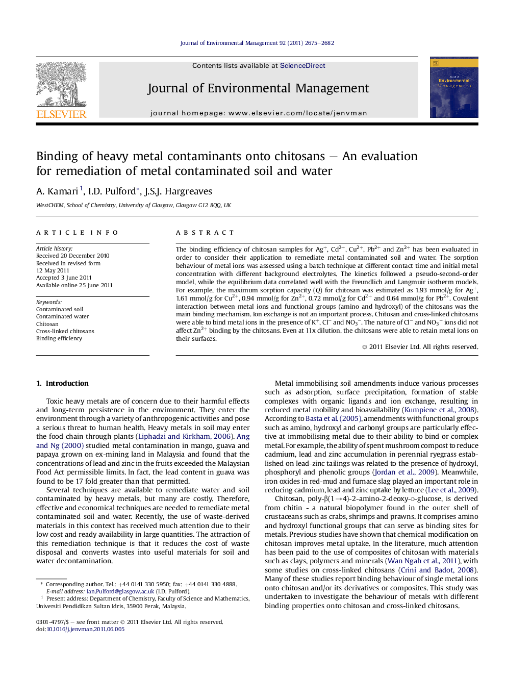 Binding of heavy metal contaminants onto chitosans - An evaluation for remediation of metal contaminated soil and water