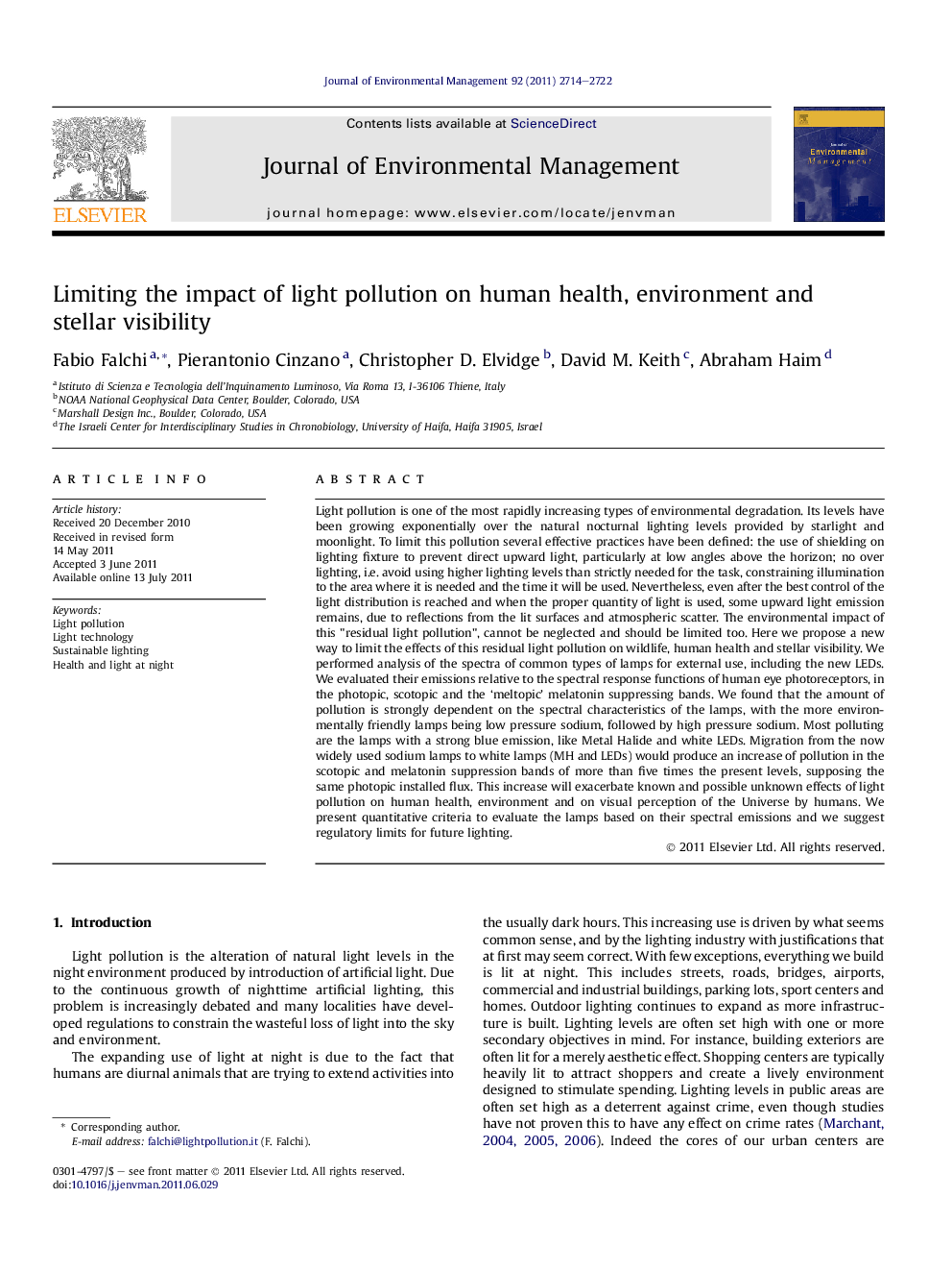 Limiting the impact of light pollution on human health, environment and stellar visibility