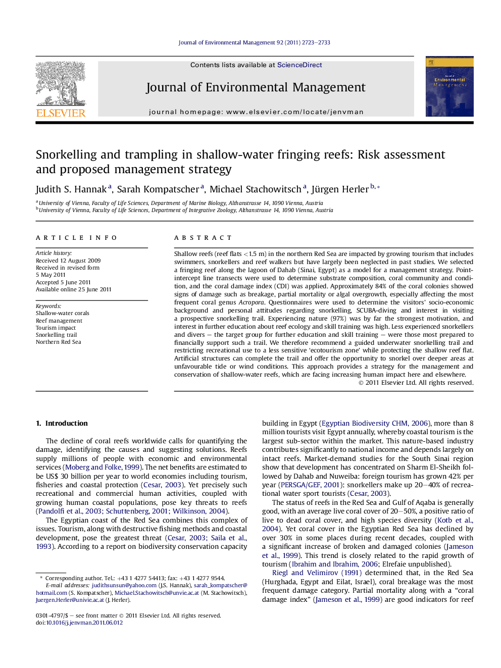 Snorkelling and trampling in shallow-water fringing reefs: Risk assessment and proposed management strategy