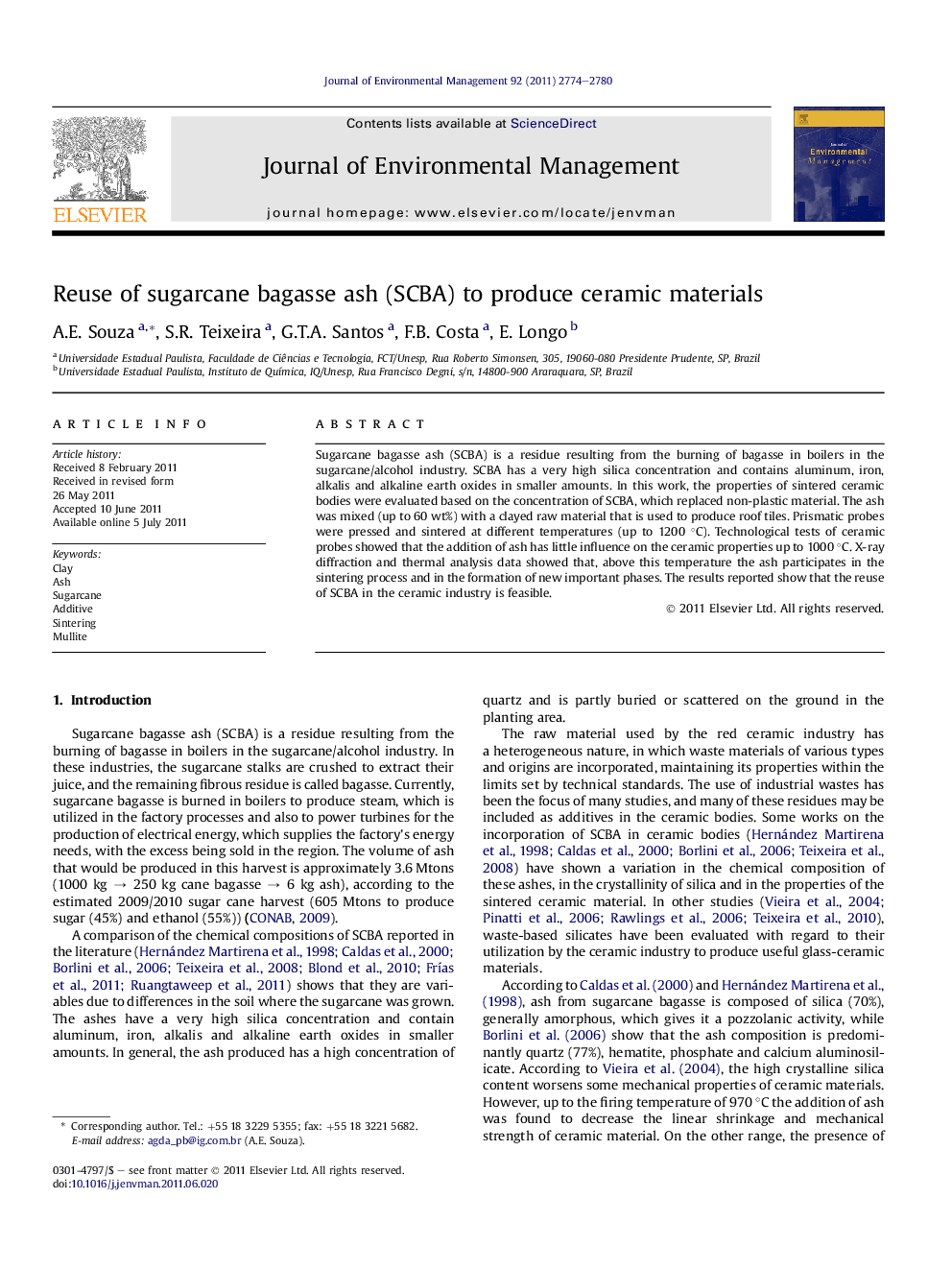 Reuse of sugarcane bagasse ash (SCBA) to produce ceramic materials