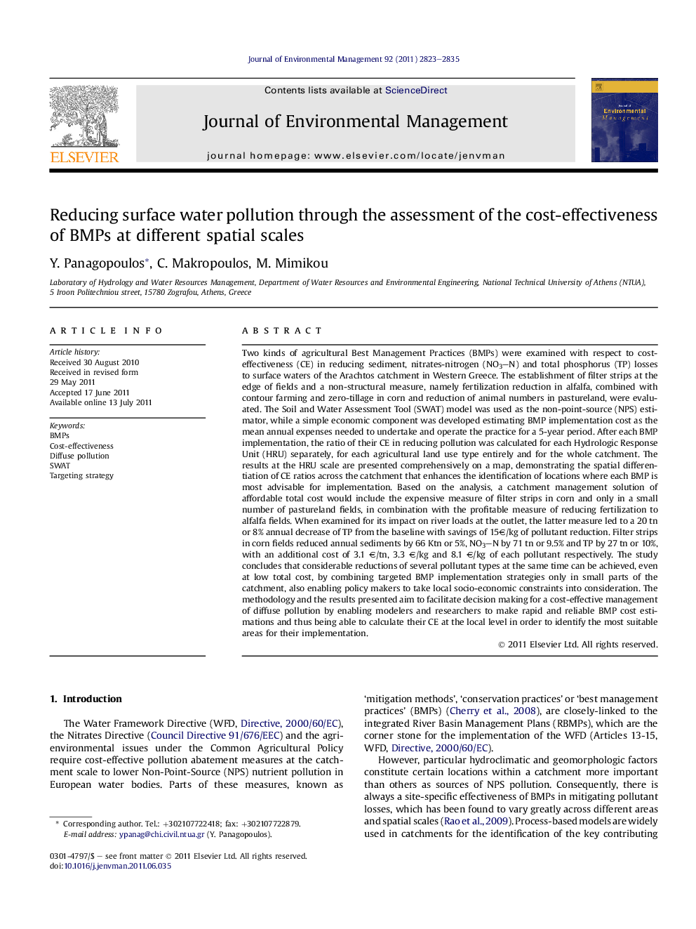 Reducing surface water pollution through the assessment of the cost-effectiveness of BMPs at different spatial scales