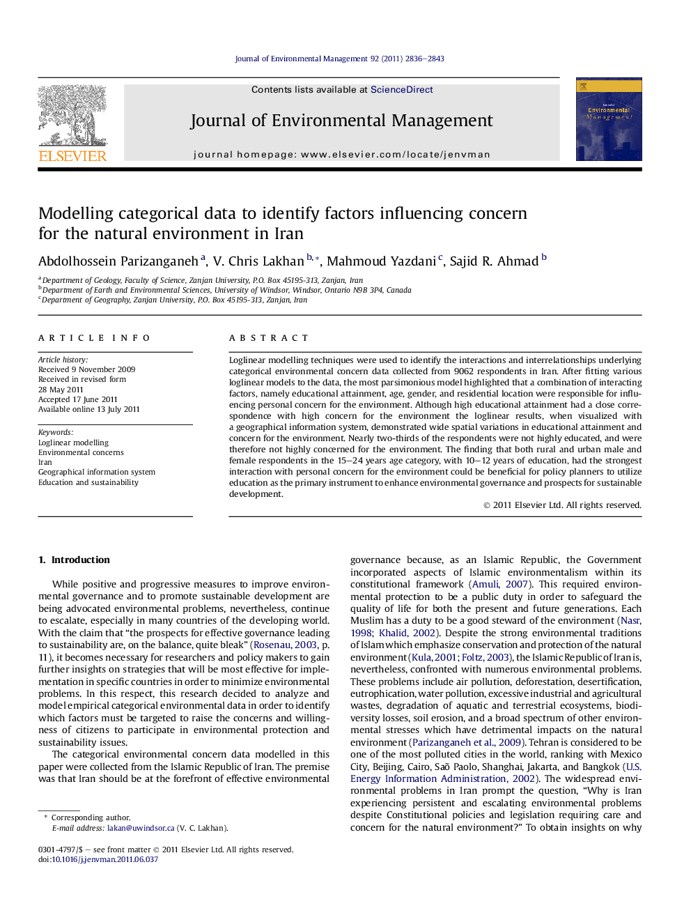 Modelling categorical data to identify factors influencing concern for the natural environment in Iran