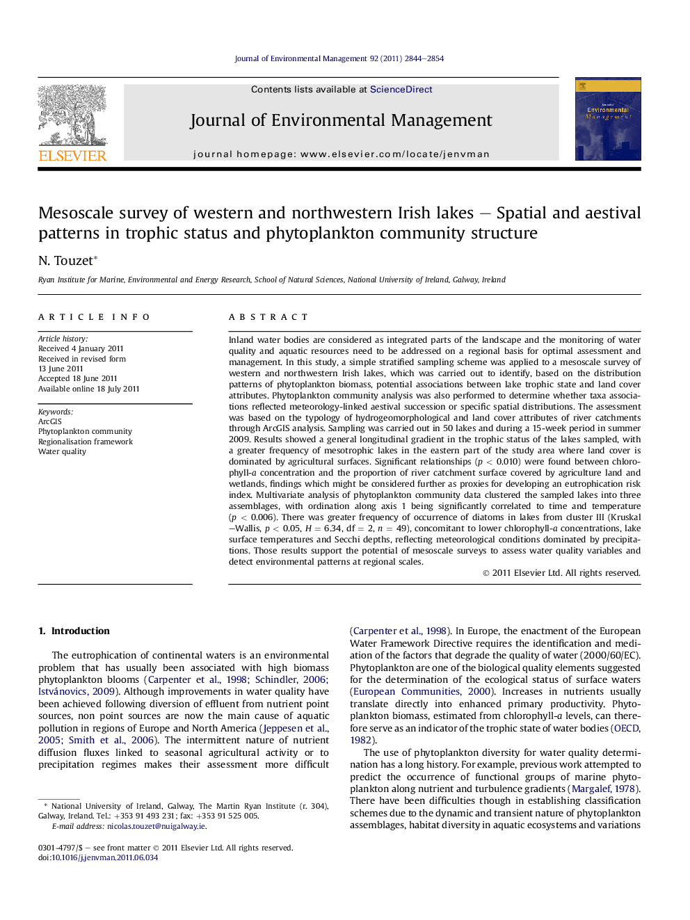 Mesoscale survey of western and northwestern Irish lakes - Spatial and aestival patterns in trophic status and phytoplankton community structure