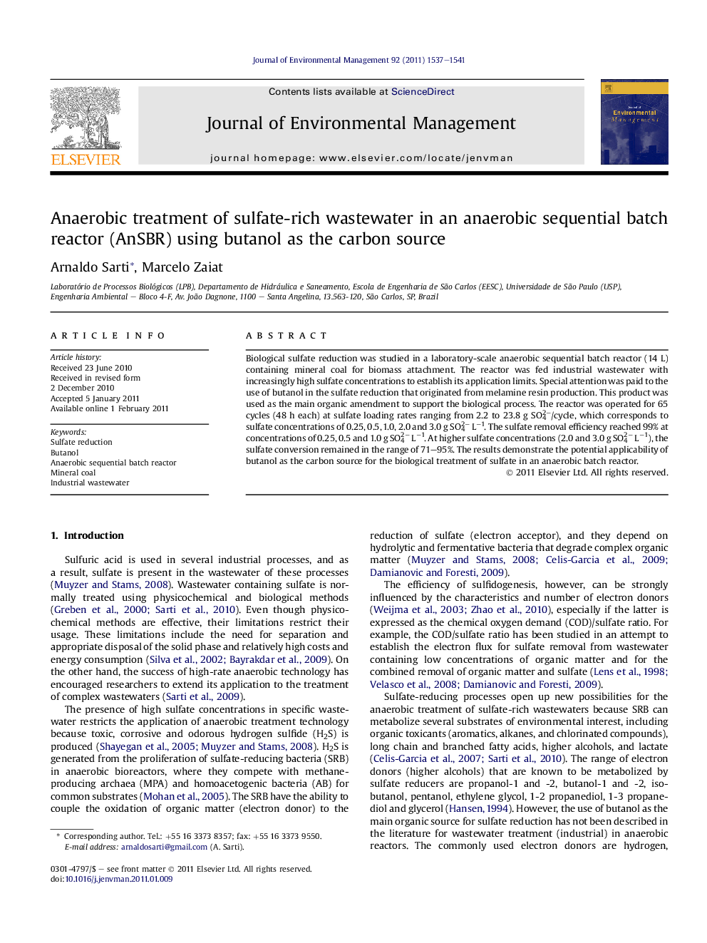 Anaerobic treatment of sulfate-rich wastewater in an anaerobic sequential batch reactor (AnSBR) using butanol as the carbon source