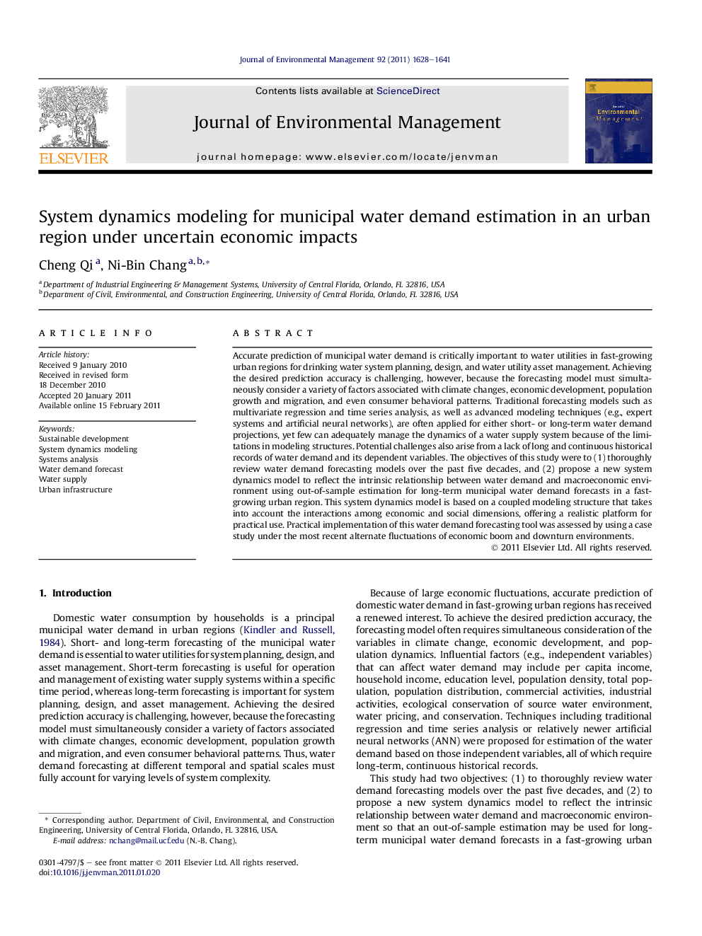 System dynamics modeling for municipal water demand estimation in an urban region under uncertain economic impacts