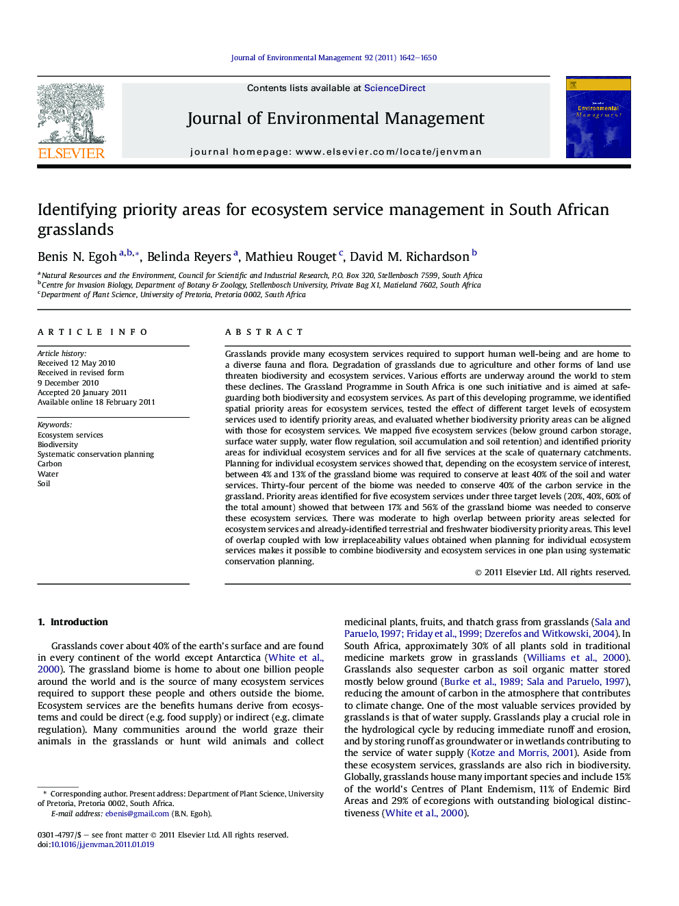 Identifying priority areas for ecosystem service management in South African grasslands