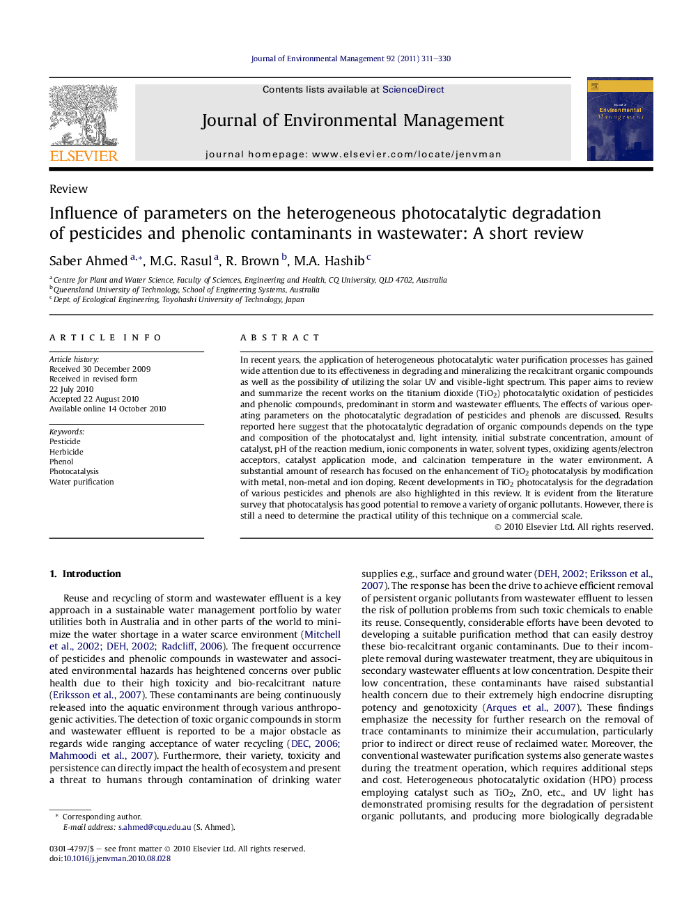 Influence of parameters on the heterogeneous photocatalytic degradation of pesticides and phenolic contaminants in wastewater: A short review