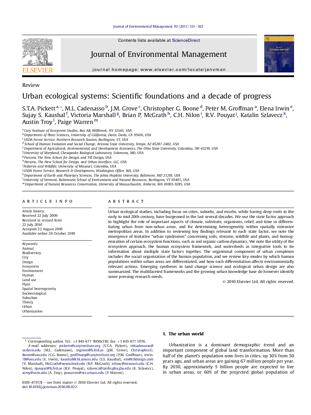 Urban ecological systems: Scientific foundations and a decade of progress