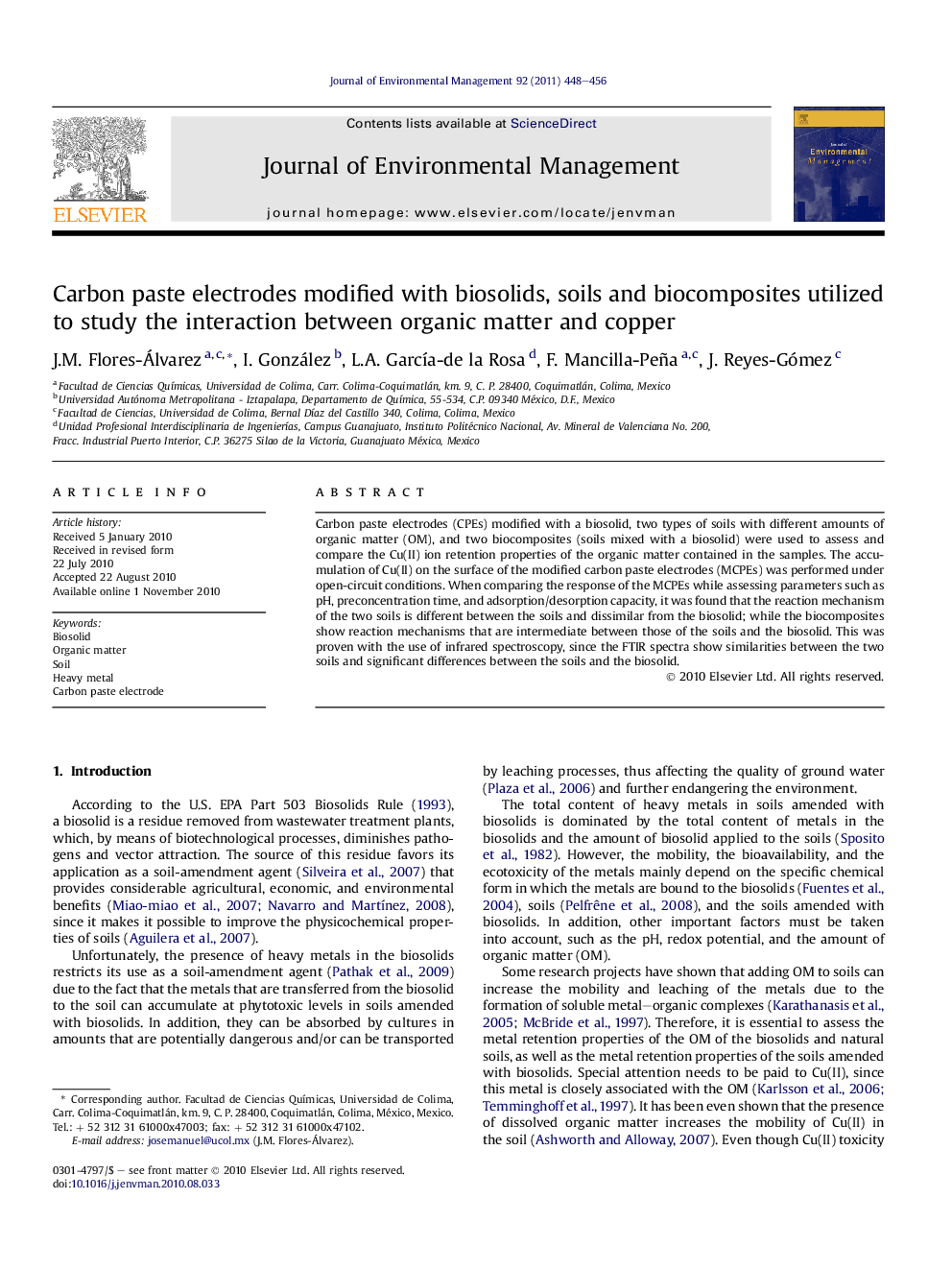 Carbon paste electrodes modified with biosolids, soils and biocomposites utilized to study the interaction between organic matter and copper