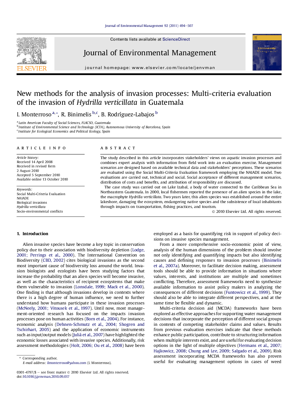 New methods for the analysis of invasion processes: Multi-criteria evaluation of the invasion of Hydrilla verticillata in Guatemala