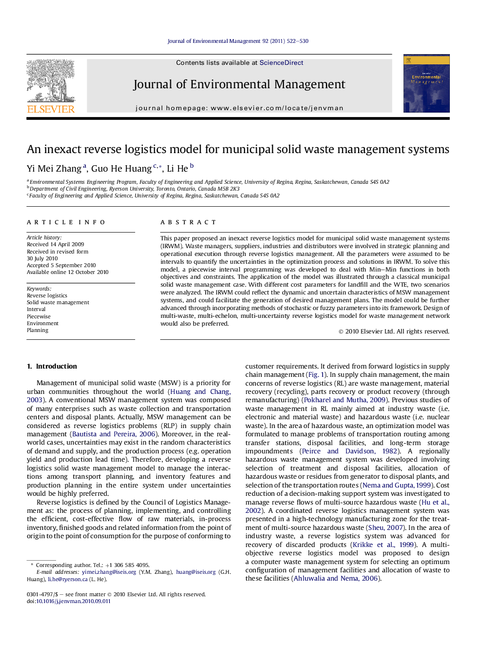 An inexact reverse logistics model for municipal solid waste management systems