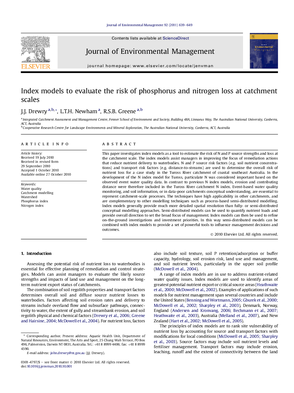 Index models to evaluate the risk of phosphorus and nitrogen loss at catchment scales